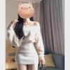 2024 Women's White Off-Shoulder Knitted Dress - Long-Sleeved, Waist-Hugging, Short Skirt for Autumn/Winter