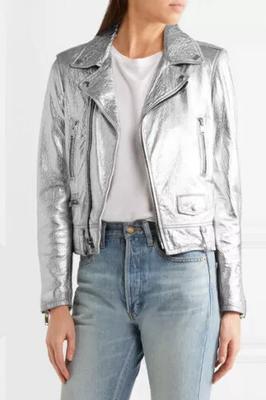Стильная женская серебристая куртка ручной работы из натуральной кожи ягненка для байкеров и мотоциклистов