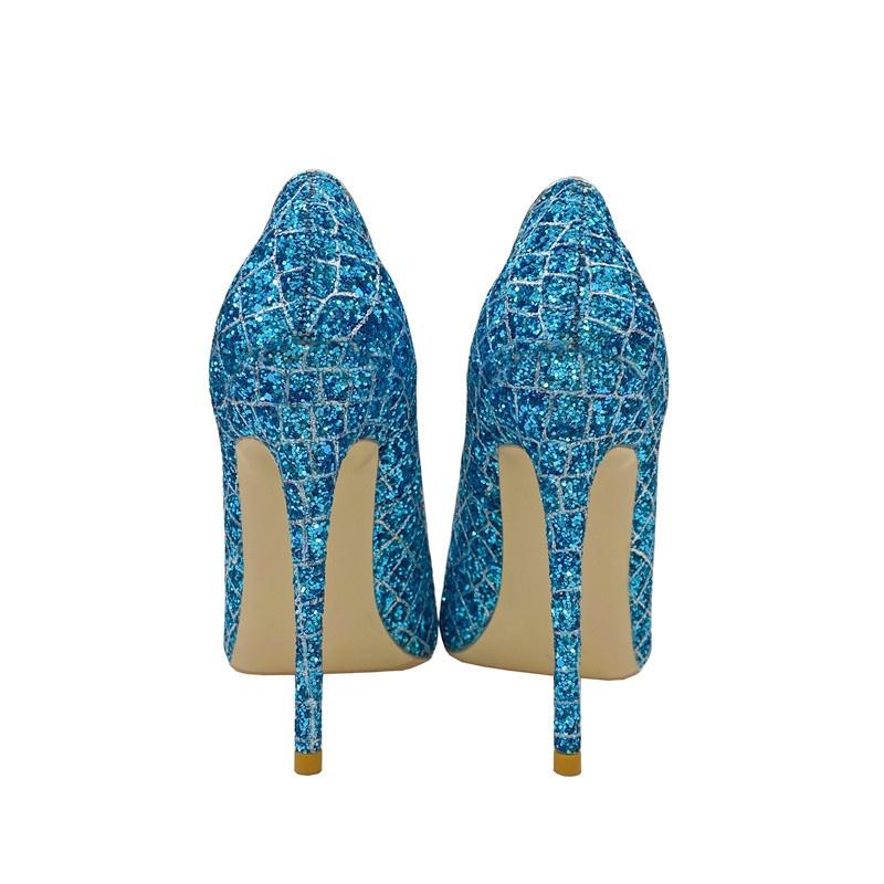 Синие сексуальные банкетные туфли на высоком каблуке, тонкие каблуки, женские туфли с блестками и кристаллами