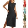 Women's Swimsuit Cover Up Crochet Knit Dresses Long Sleeveless Crewneck Swimwear Dress Side Split Beach Midi Dress