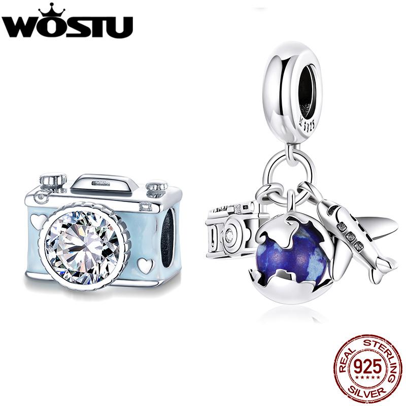 WOSTU 925 Sterling Silver Red Flower Beads Vintage Travel Camera Charms For Women Fit Original Braelet Bangle Jewelry Making