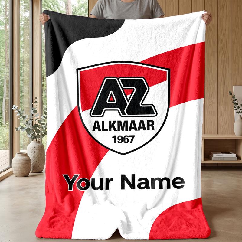 AZ Alkmaar Custom Name Text Flannel Blanket Soccer Logo Personalized Fleece Throw Blanket Special Gift For Sofa Bedroom Home