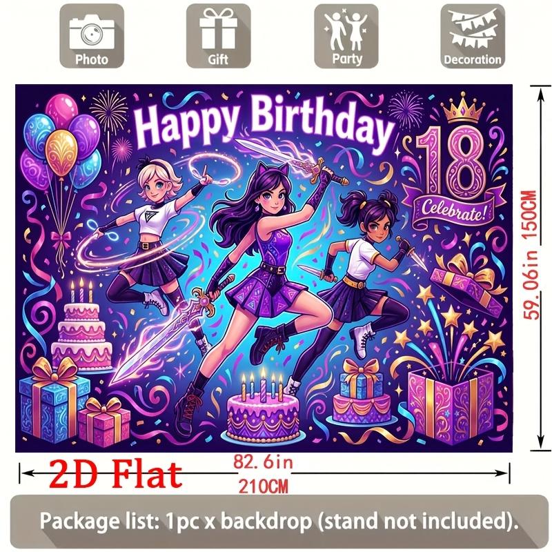Vibrant Neon Fantasy Little Princesses in Dynamic Poses with Sparkling Magic Wands, Birthday Cake, Gifts, Balloons, Happy Birthday and 18