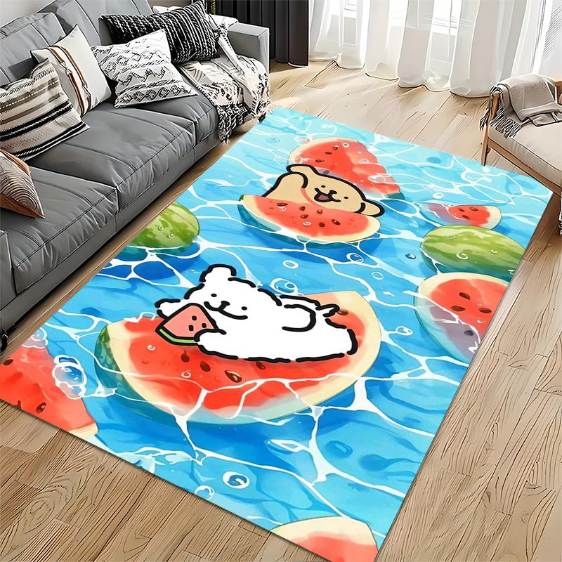 Cute Cartoon Animals on Watermelon Floating Carpet, Blue Background Suitable for use as an anti-slip for living room bedroom sofas