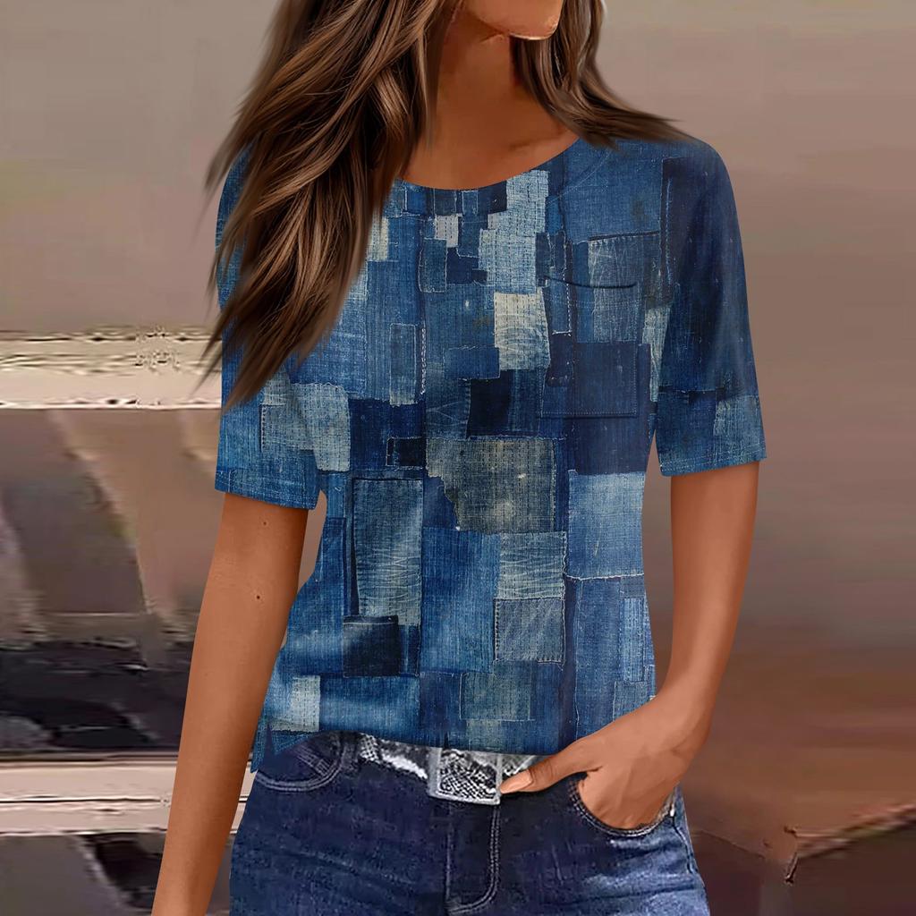 Футболки для женщин, плиссированные, с круглым вырезом, нарядные, повседневные, блузки с принтом, с коротким рукавом, летние топы, свободный крой