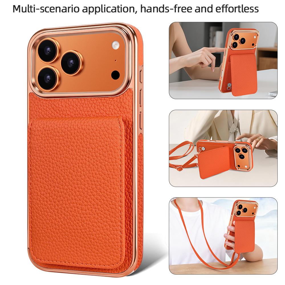 Card Holder PU Leather Phone Case With Long Crossbody Strap For iPhone 18/17/16/15/14/13 Pro Max, Air, Plating Phone Cover