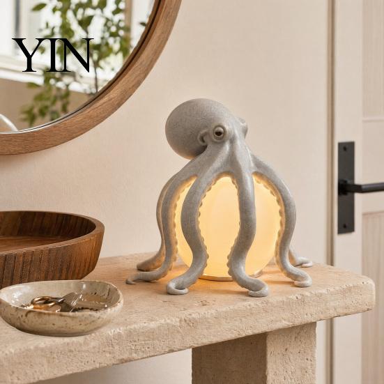 Flicker-free Reading Light Octopus Table Lamp, Resin Sea Creature Night with Tentacle Texture, Coastal Hemp Gray Spot Lamp Decor Desk for Bedroom
