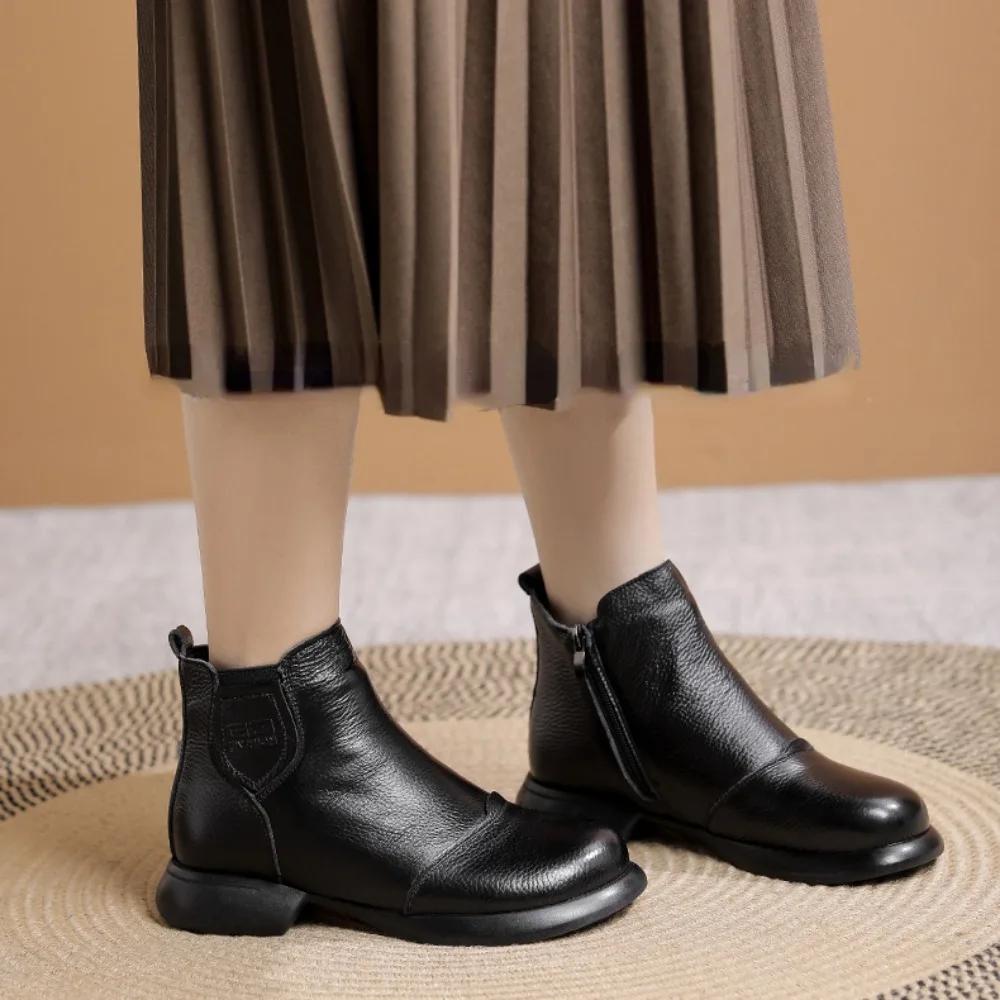 Женские сапоги осенне-зимние плюшевые и теплые хлопковые сапоги из натуральной кожи в стиле ретро с мягкой подошвой, нескользящие, среднего размера, хлопковые туфли для женщин