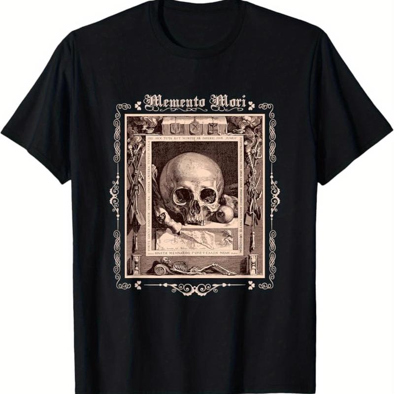 Summer Men's Gothic Witch Dark Academy Style Short-sleeved T-shirt - Memento Mori Skull and Latin Mortis Design Print