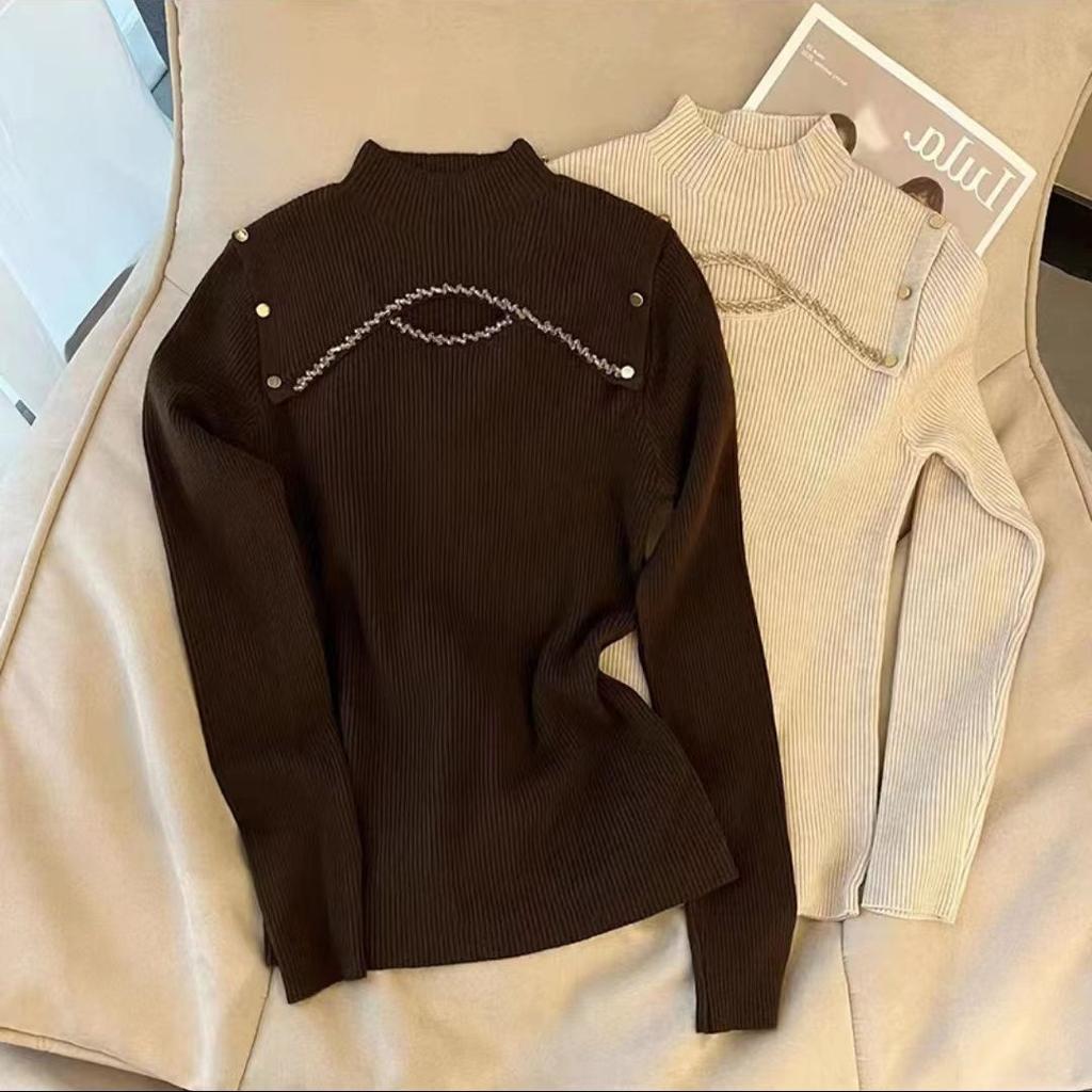 Полувысокий ворот с гвоздями и бусинами, ажурная модная трикотажная базовая рубашка для женщин с длинными рукавами, универсальный топ на осень и зиму