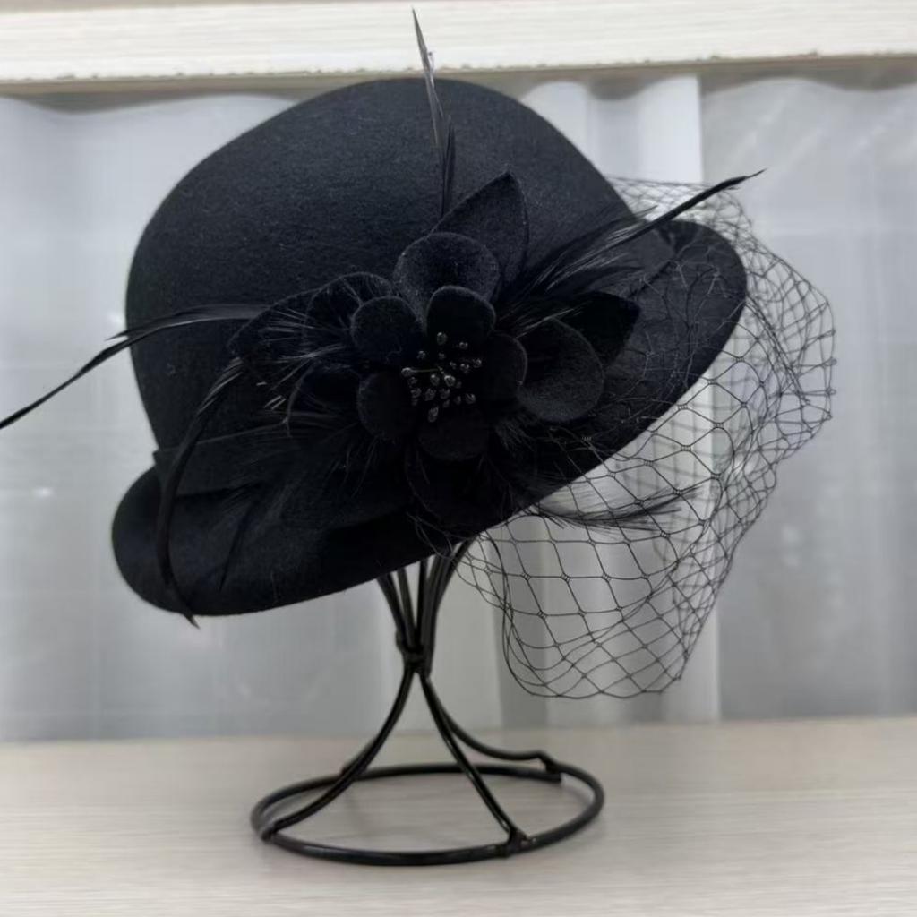 Internet celebrity sweet mesh camellia flower bucket hat female Hepburn style elegant top hat wool basin hat temperament shows small face