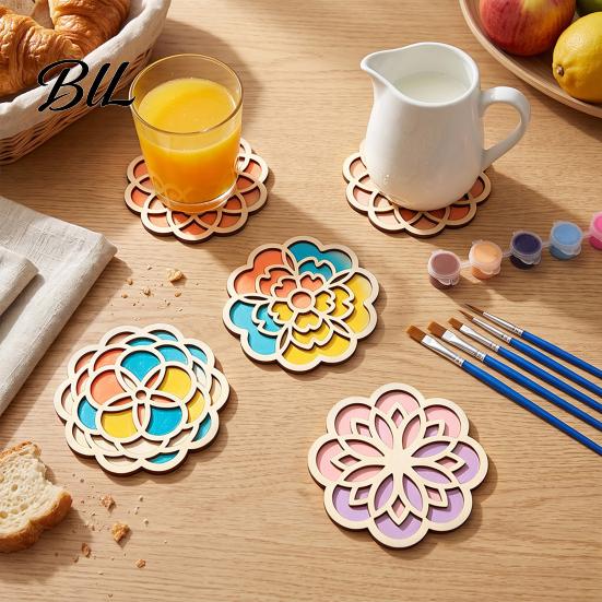 DIY Coaster Painting Set 4 Pcs Wooden Coasters Kit, Paint You Own Craft Kit with Educational Supplies for Family 6 Color Paints And 5 Brushes,