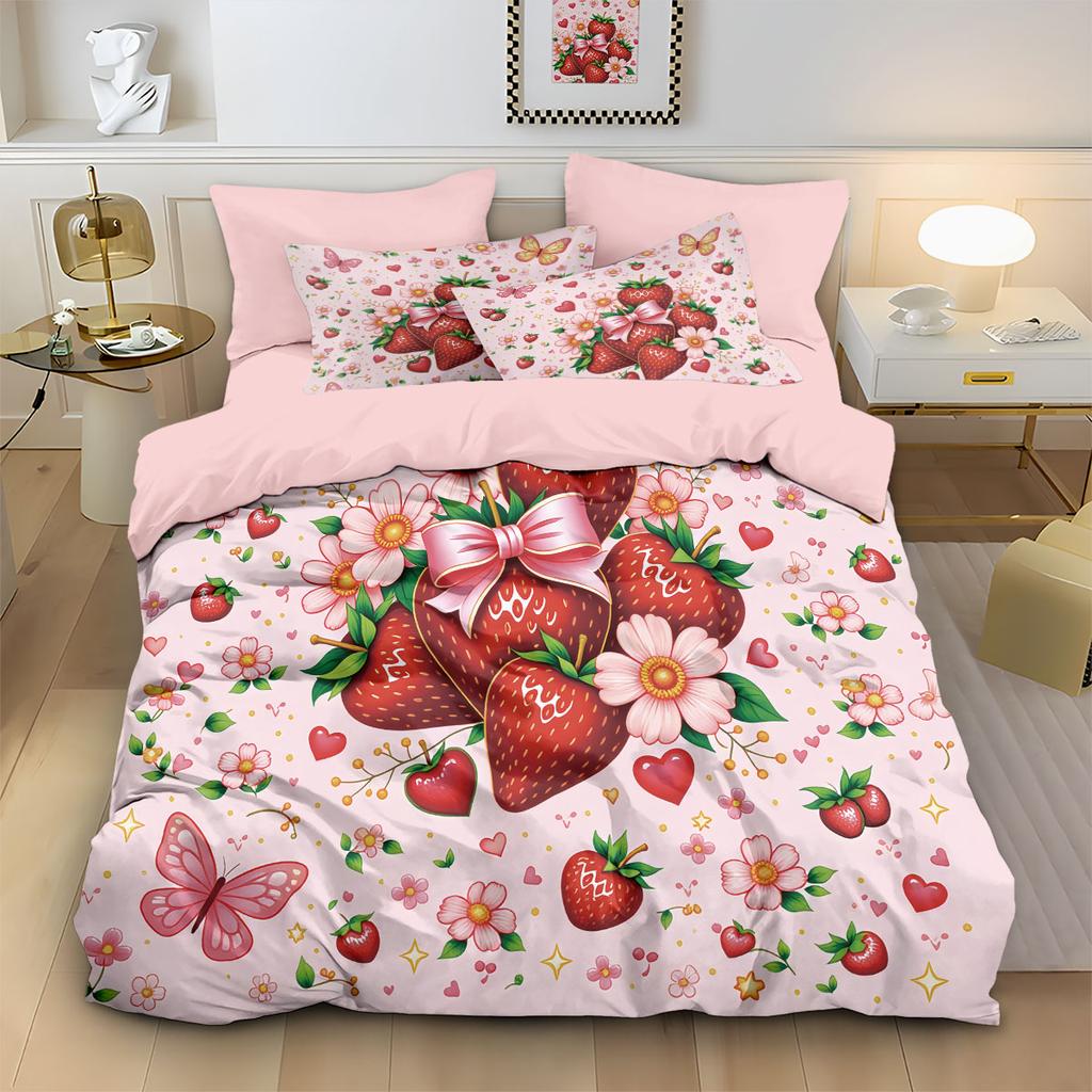 1pc Cartoon Pink Strawberry Floral Print Coreless Duvet Cover Set Multiple Sizes Soft Bedding Decoration, Machine Washable
