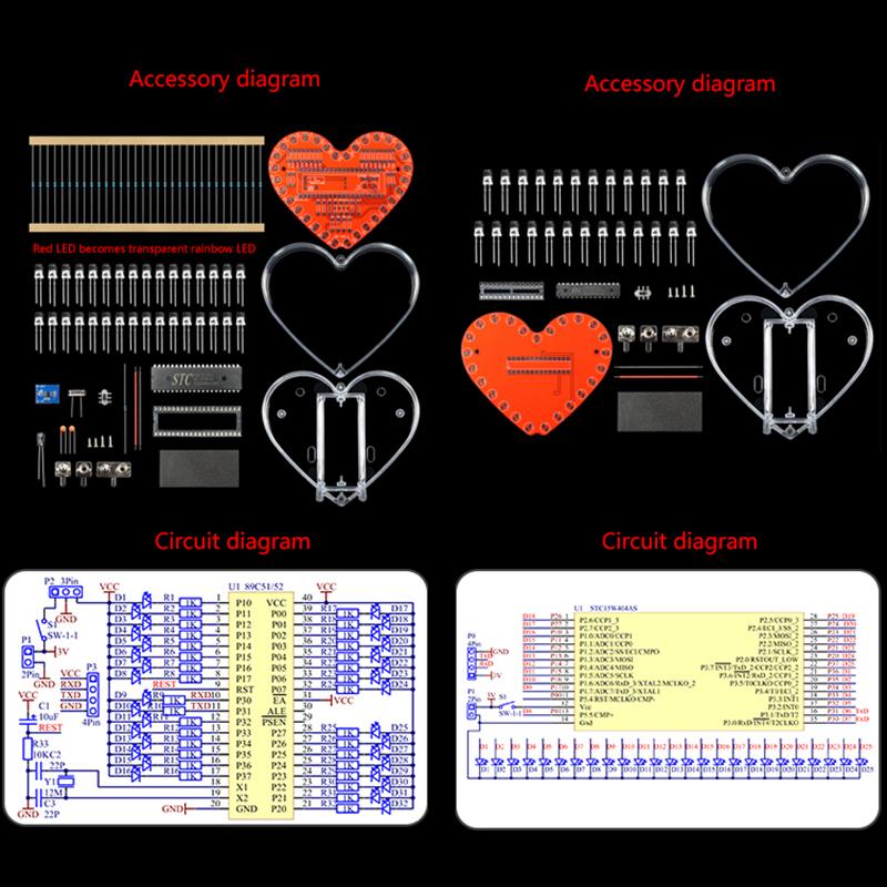 Led Heart-Shaped Flow Light Diy Electronic Kit With 32 Colorful Led Lights Diy Soldering Practice Kit Battery Powered