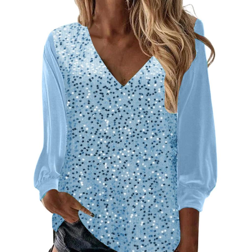 Womens Sequin Tops V Neck Sparkly Glitter Blouses Loose Long Sleeve Holiday Evening Party Shiny Dressy Shirts