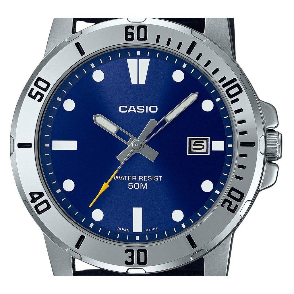 Casio Стандартные аналоговые кварцевые мужские часы с ремешком из смолы с синим циферблатом MTP-VD01-2E