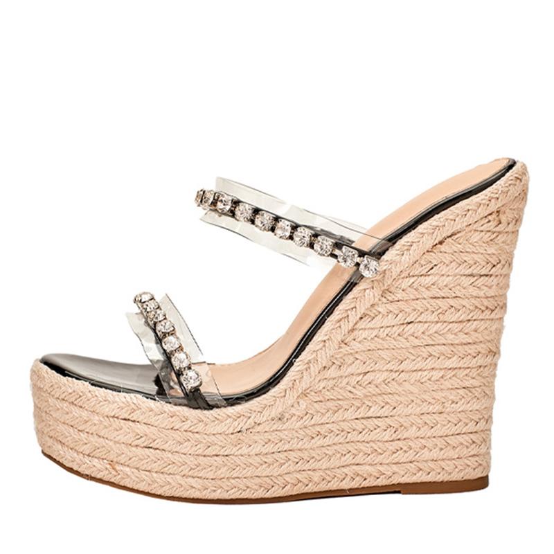 Новые прозрачные шлепанцы на платформе с открытым носком и кристаллами, женские босоножки на танкетке, модная женская обувь с толстой подошвой из соломенной веревки