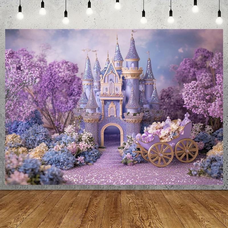 1pc, 2D flat, Purple Princess Castle Party Backdrop - Polyester Banner, suitable for birthdays, Valentine's Day, etc., wsj