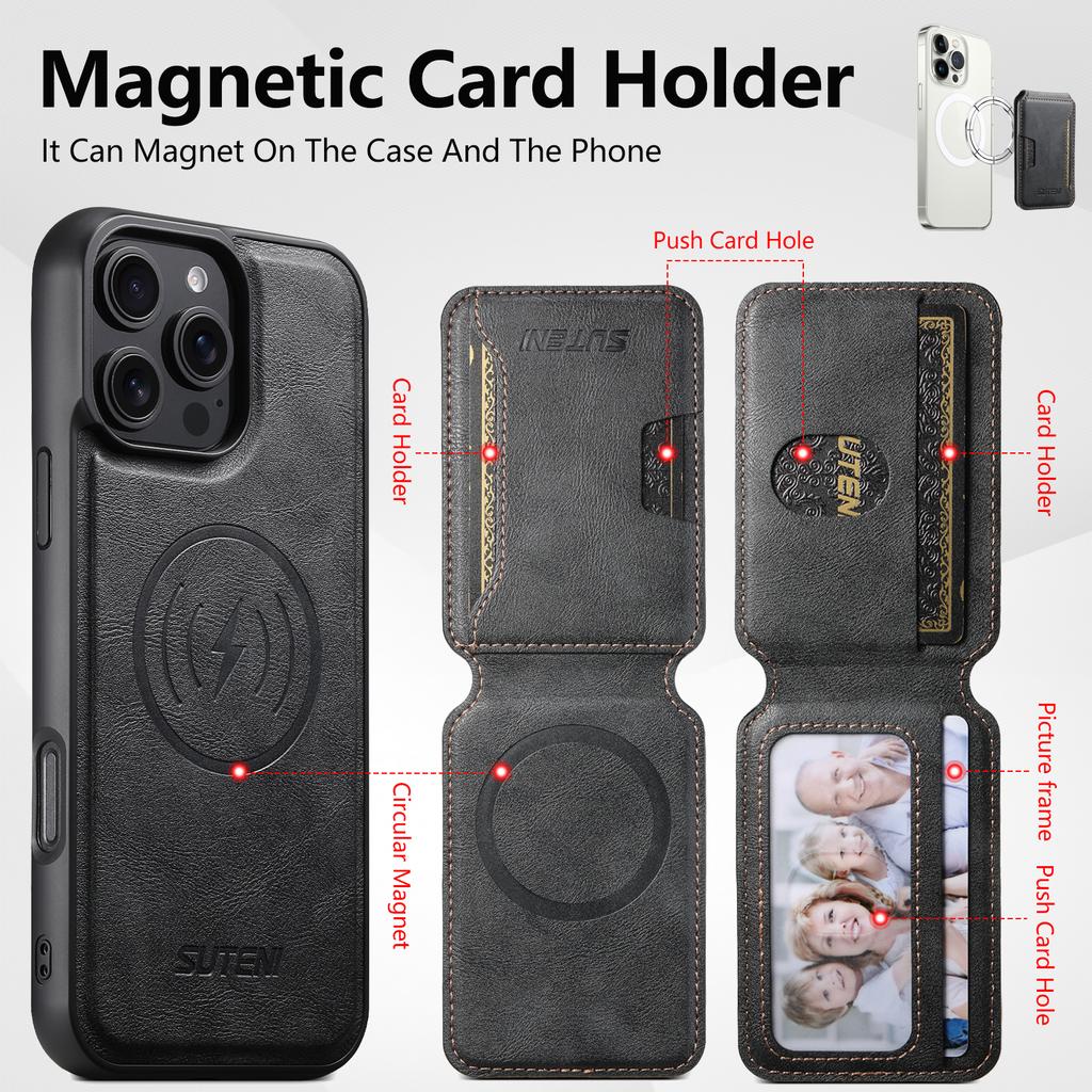 For iPhone 16 Pro Magnetic Case Cowhide Texture Leather Back Cover with Card Bag Kickstand