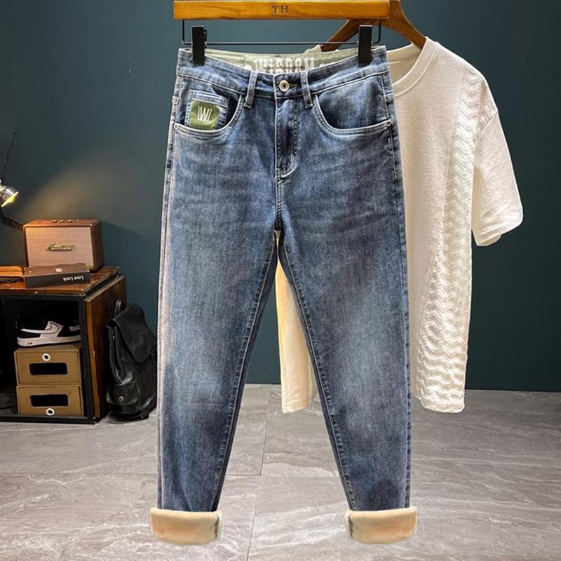 Высококачественные мужские джинсы, утолщенные, новые, облегающие, узкие брюки с вышивкой, осенние и зимние, утолщенные, повседневные, мужские шаровары