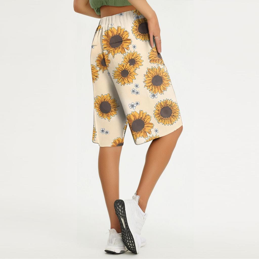 Женские летние свободные шорты из хлопка и льна с эластичным поясом и цветочным принтом