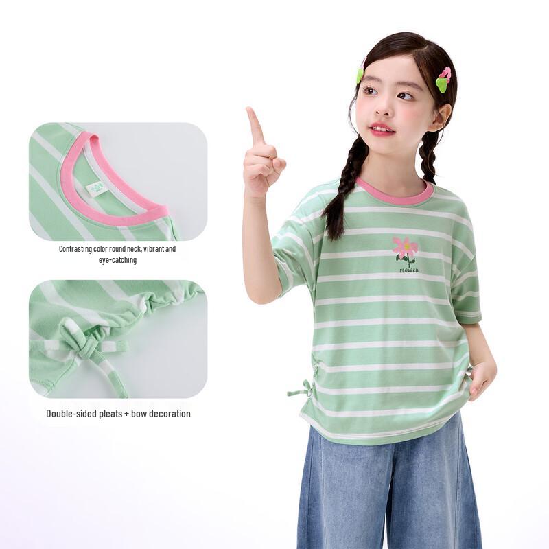 Girls' Striped Colorblock Bow Short Sleeve T-shirt