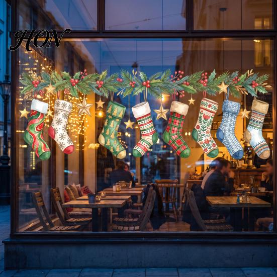 Waterproof Glass Decals for Holidays Christmas Stockings Window Sticker, Static Cling Removable Decal, Seasonal Decorations PVC Decal Doors,