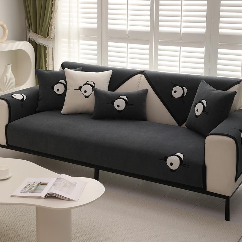 Panda Embroidered Sofa Cushion Chenier Four-Season Universal Non-Slip Sofa Cover, High-Grade Seat Cushion Leather Sofa Back Towel