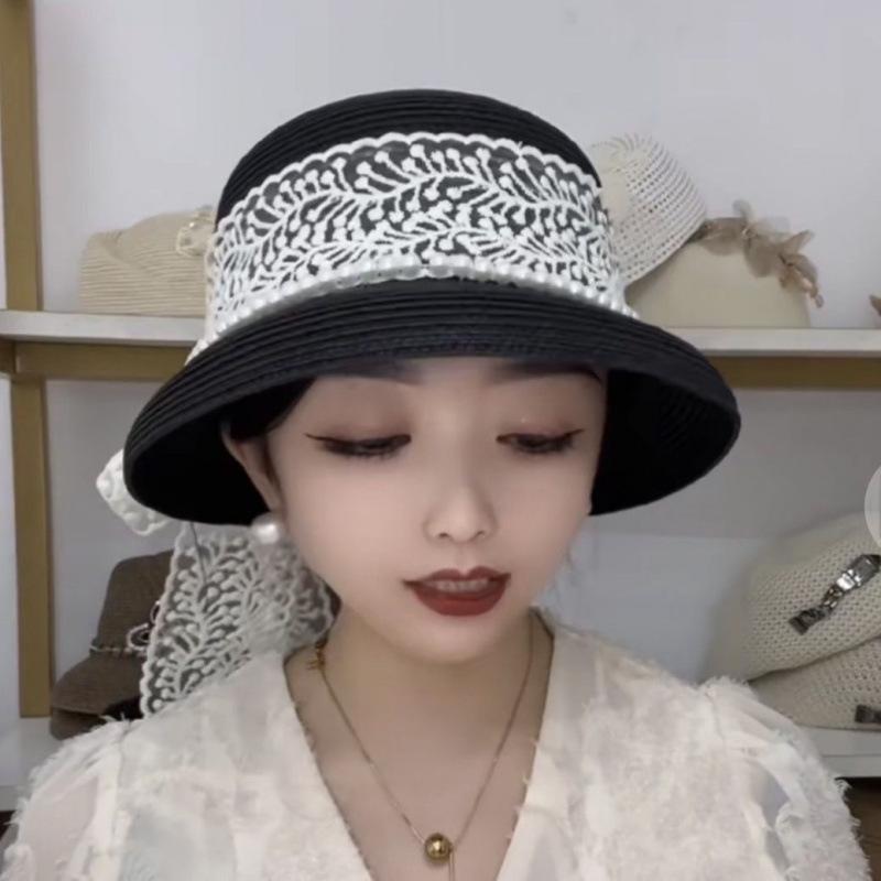 Summer pearl ribbon Hepburn French mini hat, outdoor sun-protection sunshade basin hat, sun hat for a slimming and elegant look