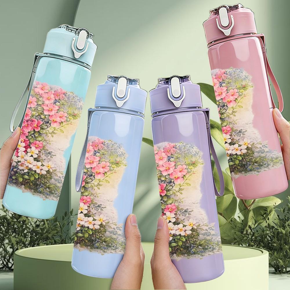 1PC Flower Broken Wall Butterfly Print 750ml Color Plastic Sports Water Bottle Leakproof Flip Straw Lid Suitable for Sports Office Home Use
