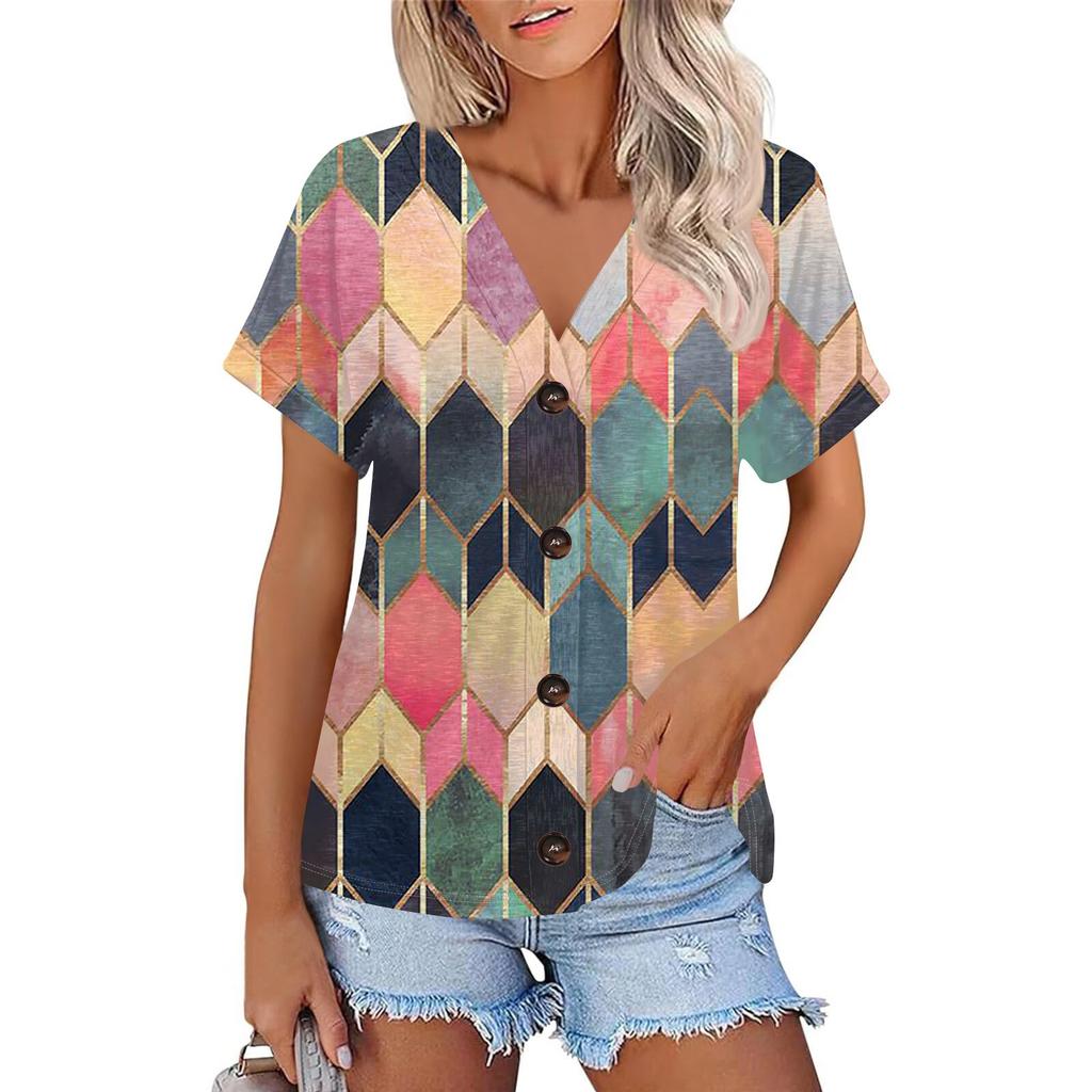 Женская модная футболка с короткими рукавами и V-образным вырезом, цветным принтом в стиле пэчворк, на пуговицах