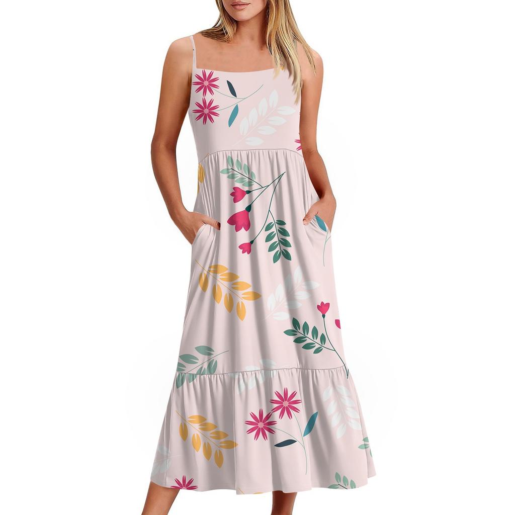 Women's Long Beach Casual Elegant Spaghetti Strap Maxi Dress Floral Low-key Flowing Bohemian Dress