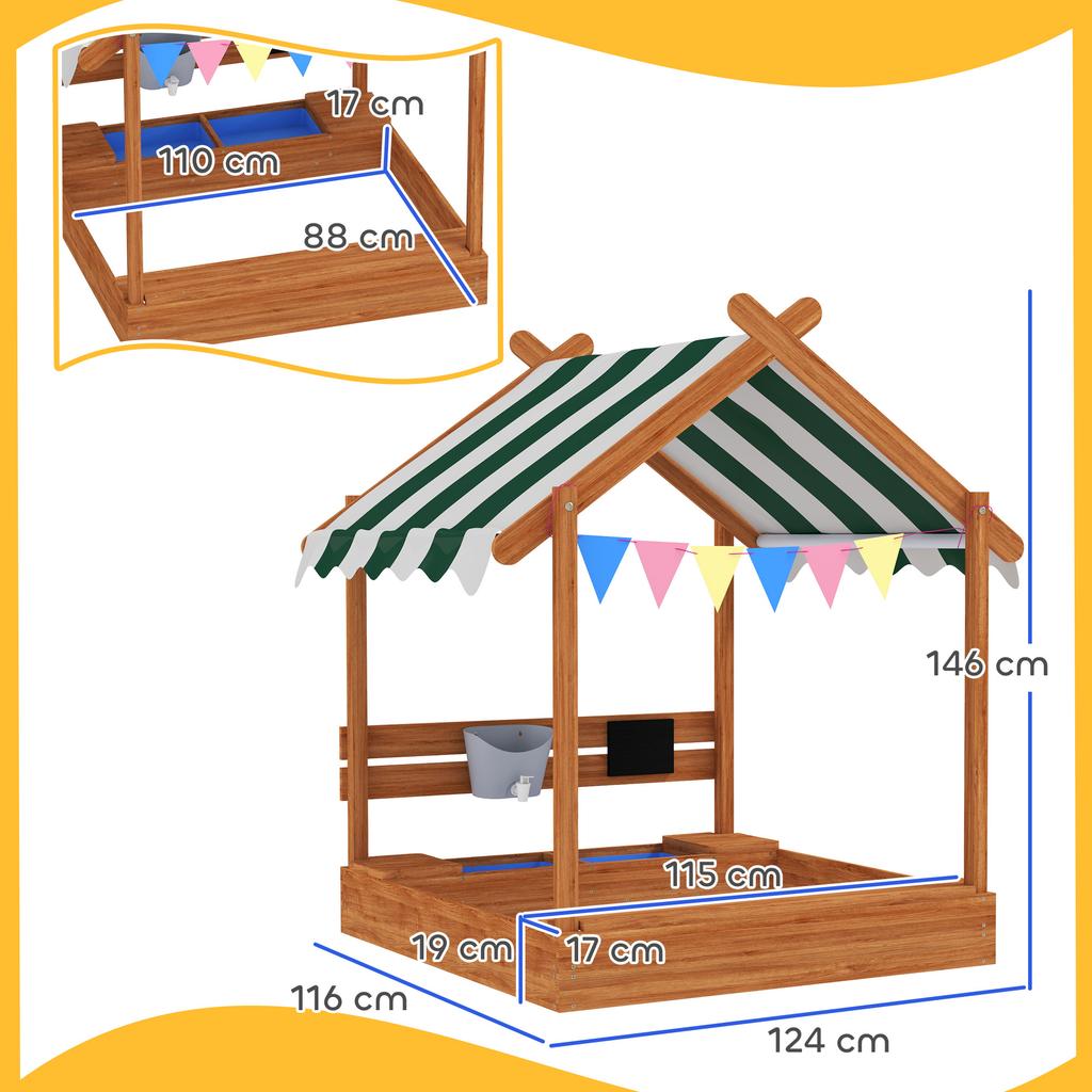 Sandbox with Sun Protection, Playhouse Design, with Toy Set, Treated Solid Wood, 124 x 116 x 146 cm, Green