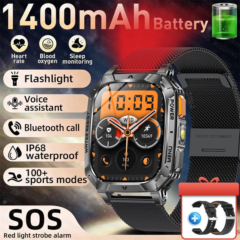 Rugged Outdoor Smart Watch 1400mAh 2.01" HD Screen Bluetooth Call GPS IP68 Waterproof Flashlight SOS Fitness Watch for Men