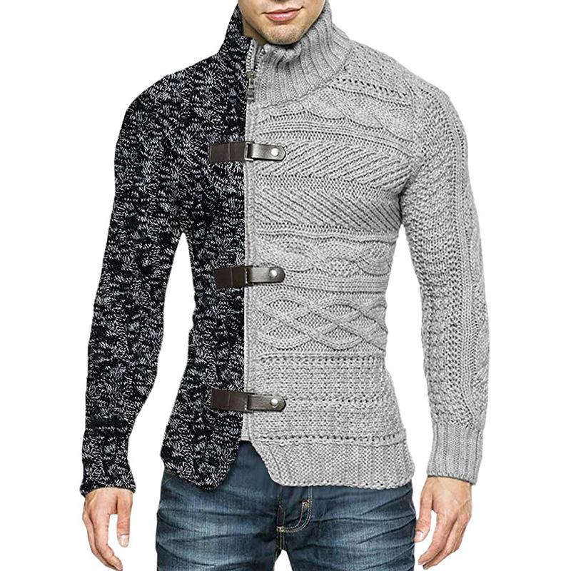 Men's Plus Size Color Block High Neck Cardigan with Leather Buckle - Long Sleeve Knit Sweater, Autumn/Winter Collection
