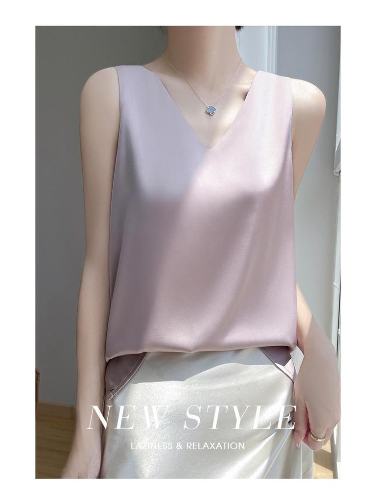 Versatile Women's Satin Camisole: Front V, Round Back, Sleeveless, Wide Straps—perfect Under a Suit, Silky Finish with an Elegant Back.