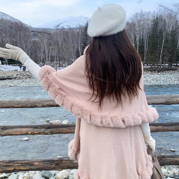Women Double‑Layer Faux Fur Trim Poncho Shawl Winter Warm Open Front Cape Outerwear