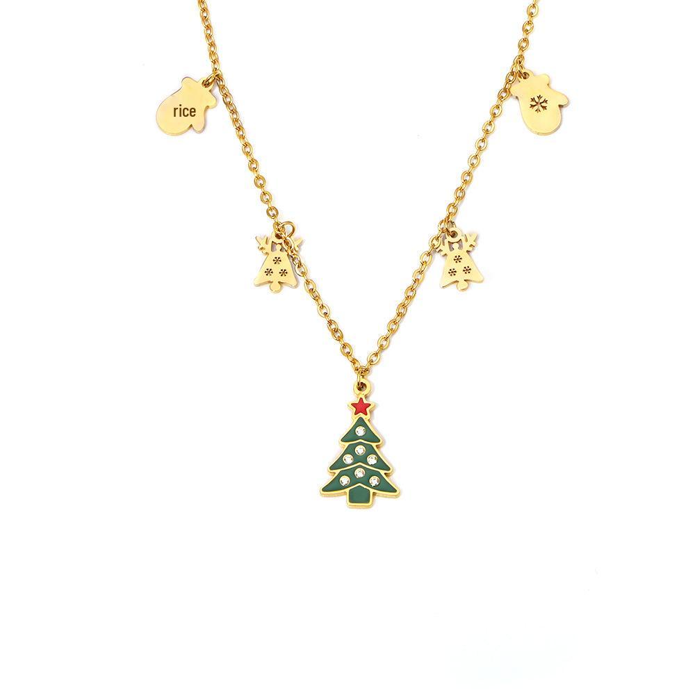 Подвеска-кулон в виде зеленого эмалированного колеса обозрения на рождественскую елку с цирконом, кисточкой в виде оленя и цепочкой из нержавеющей стали.