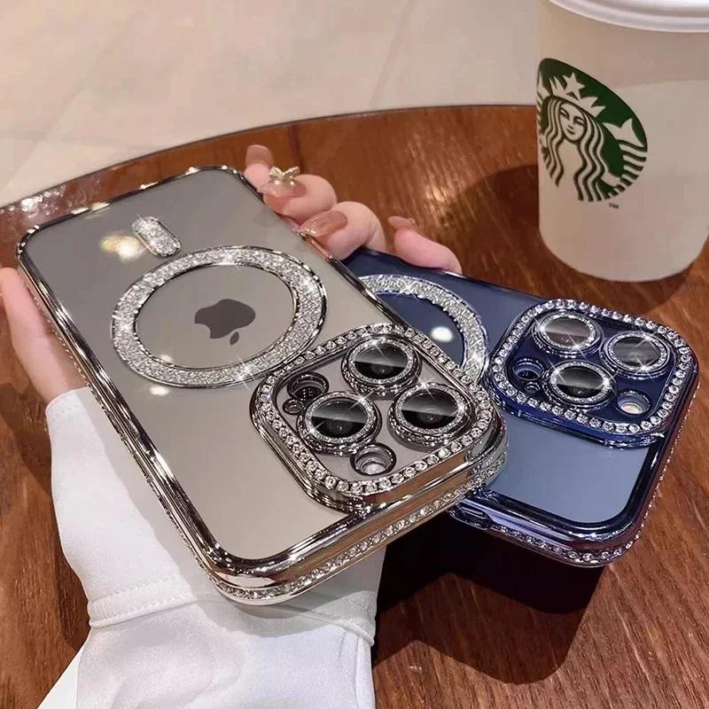 Прозрачный блестящий кристальный чехол для телефона для iPhone 17 Air 15 16 14 11 12 13 Pro Max Plus Для Magsafe Магнитная беспроводная зарядка Чехол