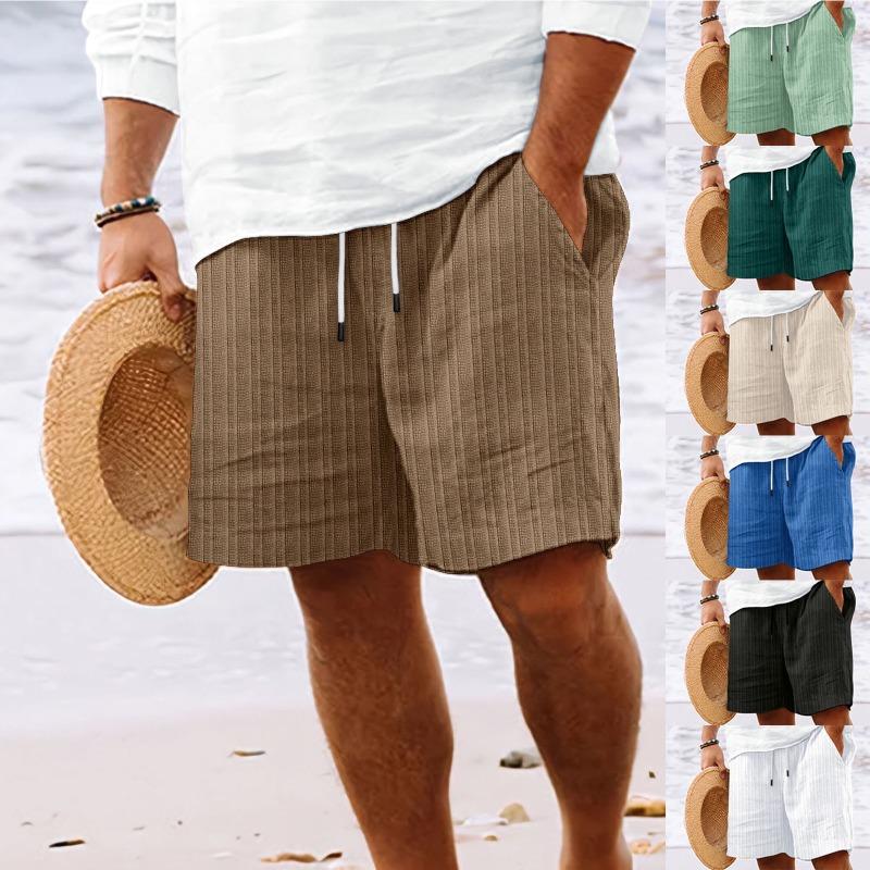 Cotton Linen Shorts with Multiple Pockets Drawstring Men's Striped Beach Pants Shorts Men’s
