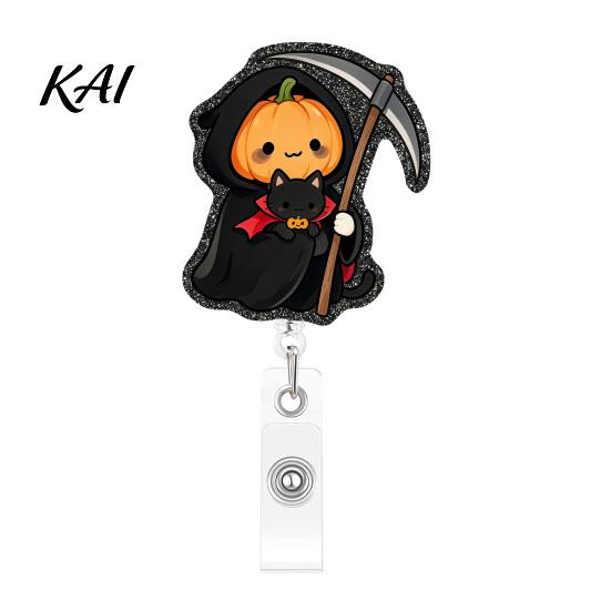 Pumpkin Badge Clip Halloween Retractable Reel, Cute And Grim Reaper Design, Acrylic Reel Smooth Pull Cord for Nurse Doctor Teacher ID Card Party Gift