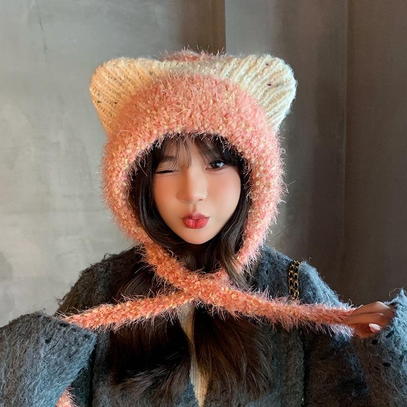 Плюшевая милая шапка с кошачьими ушками, женская зимняя теплая шапка-пуловер с защитой ушей, подчеркивающая лицо, маленькая, универсальная, модная вязаная шерстяная шапка