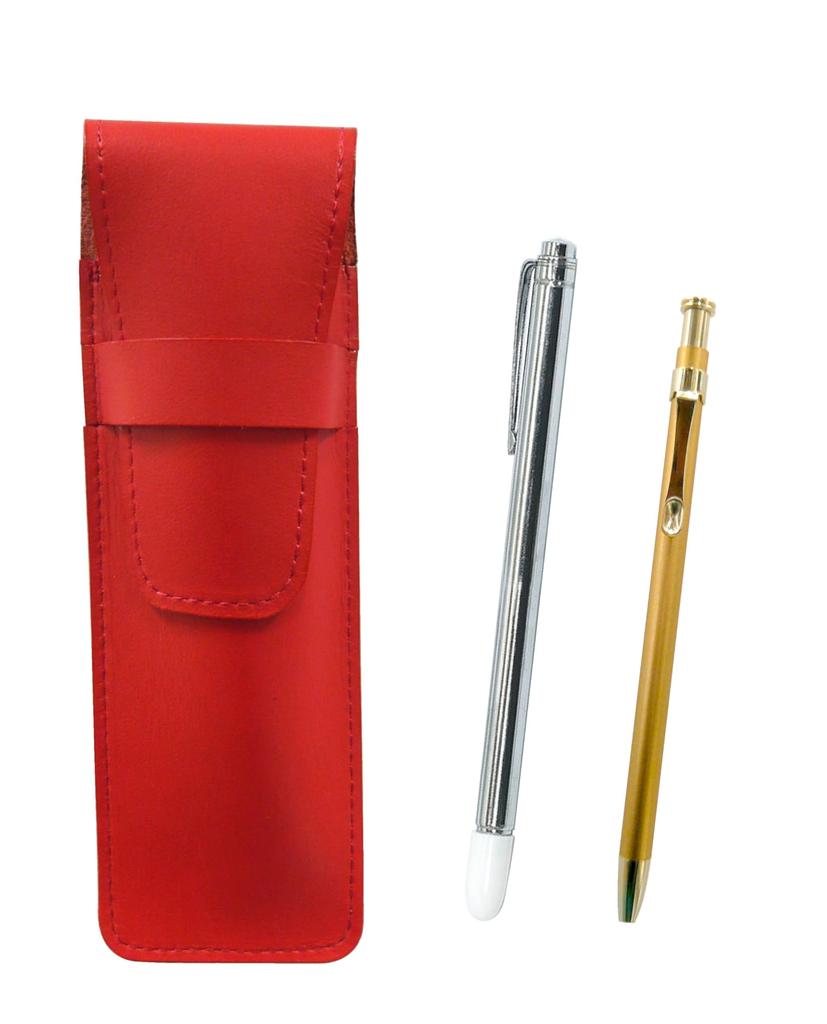 Slim Leather Pen Case In with a Metal Pointer and a Slim 60 Gold Ballpoint Pen Set Red, (ASR-701S-SV60KBP)