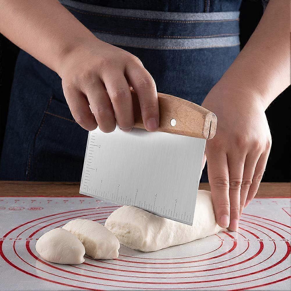 Stainless Steel Dough Scraper, Multipurpose Pastry Dough Cutter Griddle Scraper Chopper with Wood Handle and Measuring Scale for Cutting Bread and Piz