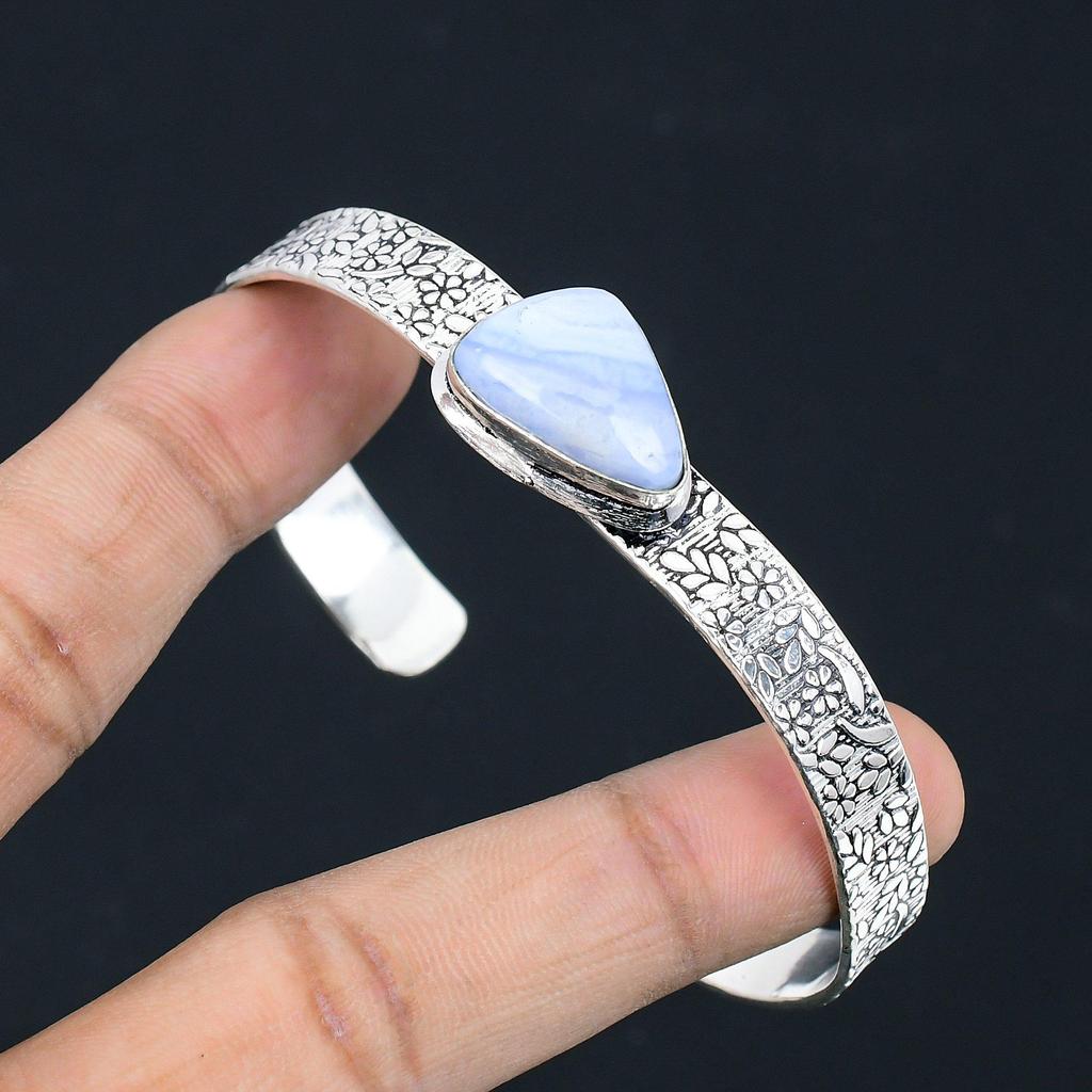 Daughters Day Sale 925 Sterling Silver Blue Lace Agate Stone Engagement Bangle