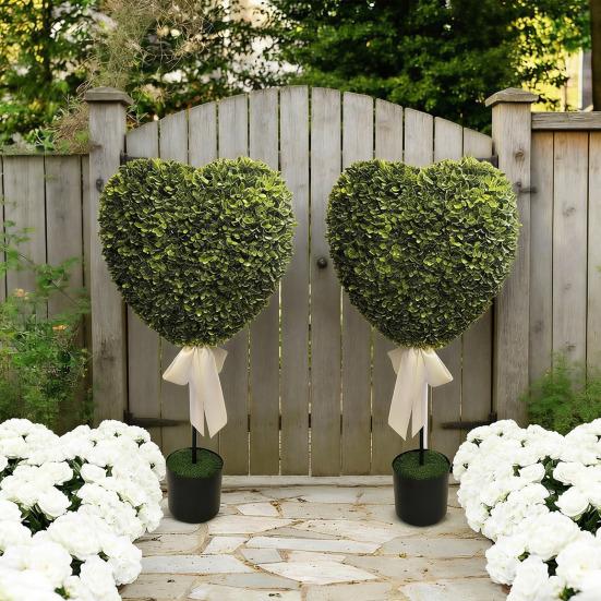 Искусственные Зеленые Растения в Горшках Формы Сердца Декор с Белой Лентой Бант Не Требует Ухода Искусственные Мини-Деревья в Форме Сердца для Дня Святого Валентина Домашний Декор