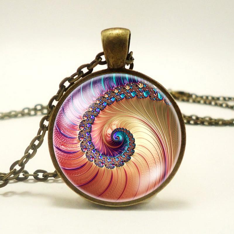 Ожерелье со спиралью Фибоначчи и фрактальной сакральной геометрией, ювелирные изделия со спиралью Фибоначчи и фрактальной сакральной геометрией, кулон со спиралью Фибоначчи и фракталом
