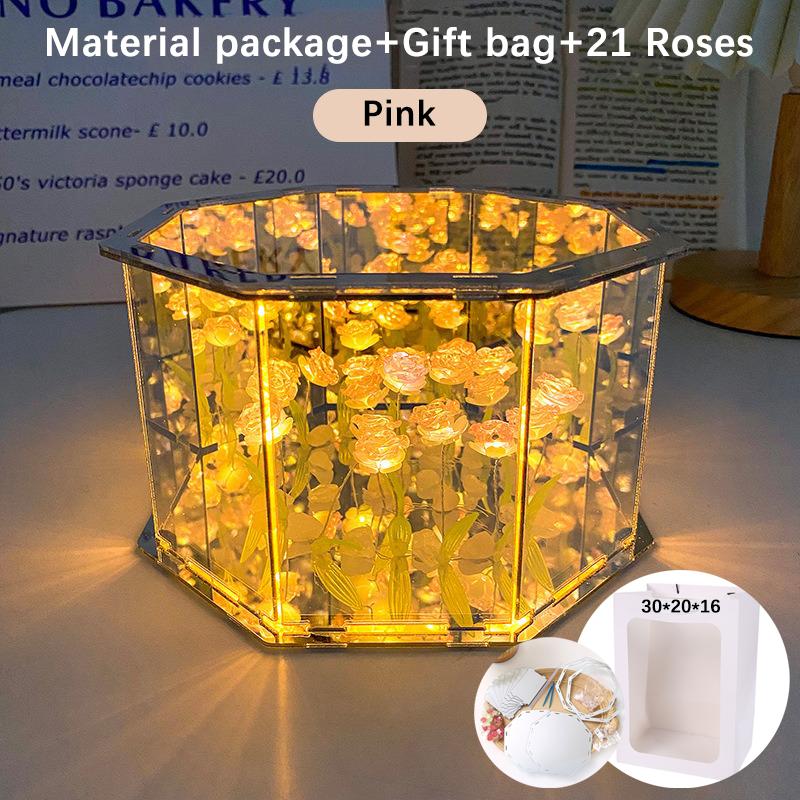 Handmade Rose Mirror Small Night Light Creative Night Gifts DIY Day Mother's Day Rose Light Valentine's Octagon