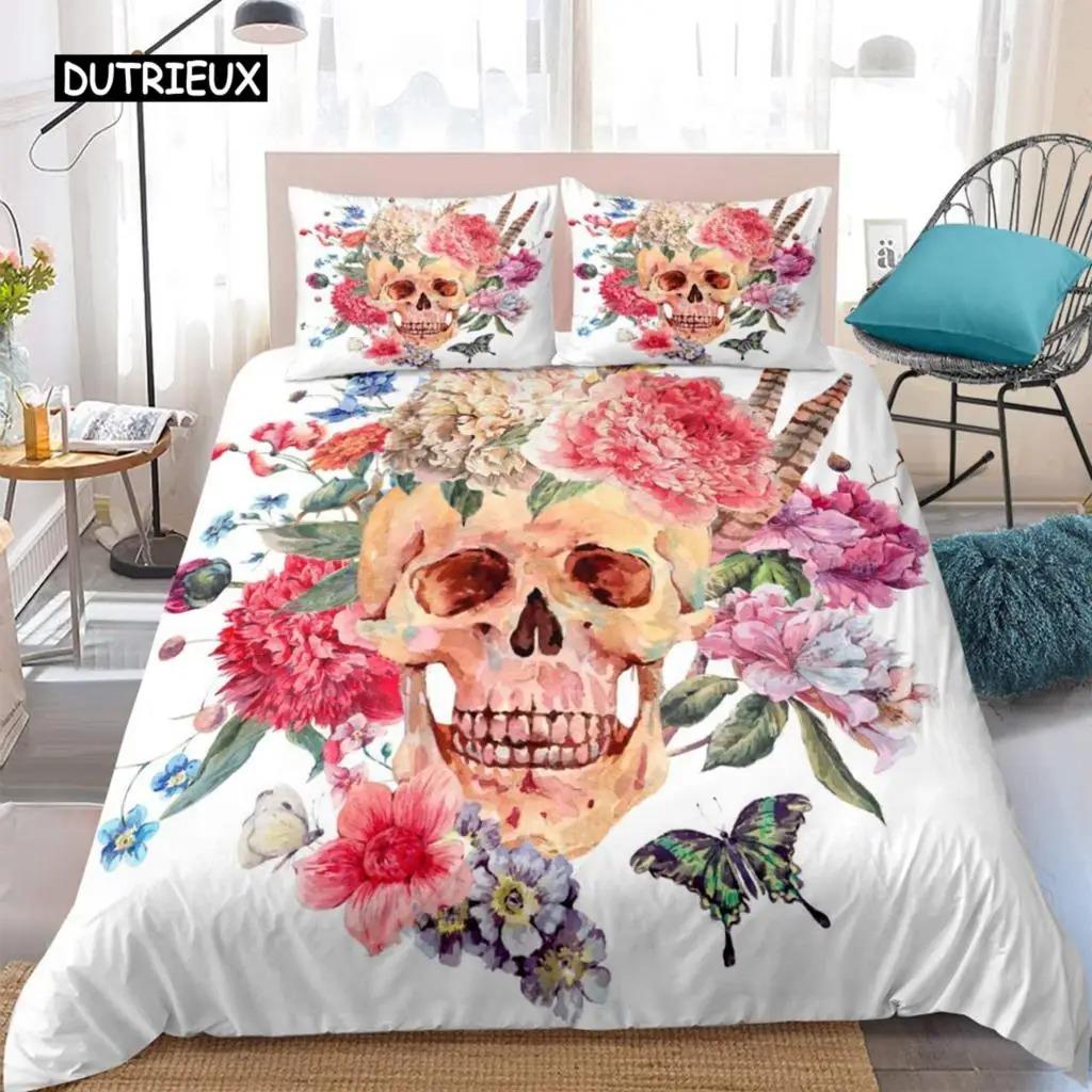 Duvet Cover Set,3D Printed Gothic Skull Bedding Set,Soft Comforter Cover with Zipper Closure and 2 Pillow Shams Sugar Skull