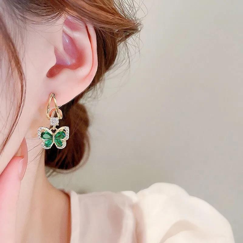Copper Needle Vintage Green Crystal Butterfly Drop Earrings for Women Jewelry New Trending Luxury Zircon Women's Earrings